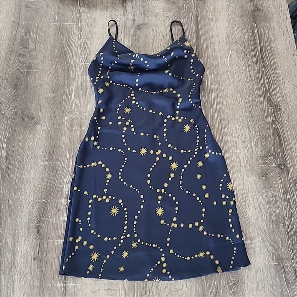 Urban Outfitters Satin Slip Dress Midnight Blue Dress with Celestial Design